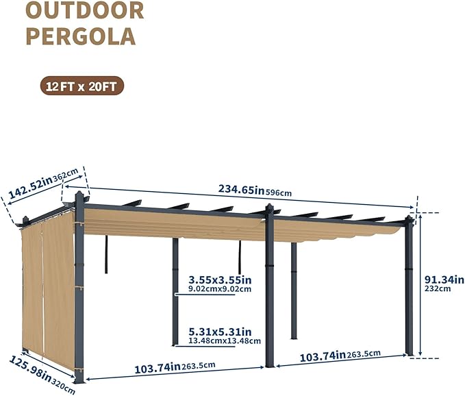 Garvee 12x20 Ft Aluminum Pergola Oversize Outdoor Metal Gazebo with Retractable Canopy Outdoor Shelter for Modern Backyard Deck Porch Grape Trellis(Khaki)