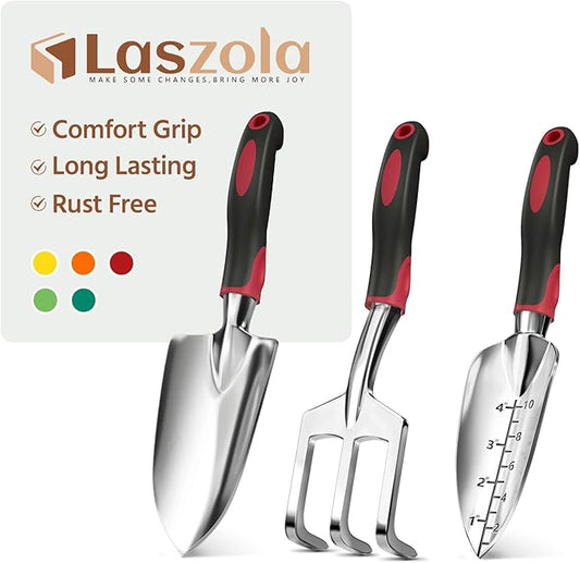 LASZOLA 3 Piece Garden Tool Set Include Hand Trowel Rake and Transplant Shovel for Women, Indoor Heavy Duty Small Spade Kit with Ergonomic Handle to Weed and Loosen, for Mom and Plant Beginner, Red