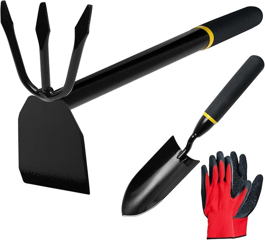 2 Pcs Garden Tool Set, Heavy Duty 2 in 1 Garden Hoe and V-Shaped Garden Trowel, Durable Gardening Hand Tools for Weeding, Loosening Soil, Transplanting