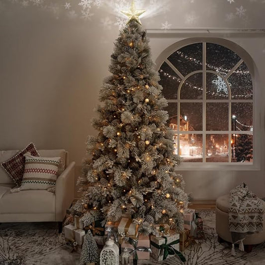 Darla 7.5ft Snow Flocked Rotating Christmas Tree with Star Projector, 43 Pine Cones, 962 Branch Tips, 450 Warm Lights and Rotating Base 50" Wide Snowy Frosted Pine Christmas Tree with Lights