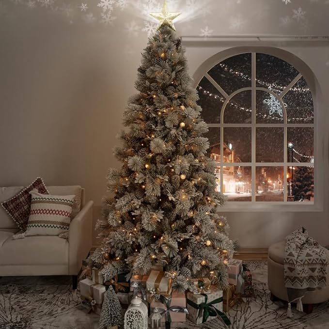 Darla 6.5ft Snow Flocked Rotating Christmas Tree with Star Projector, 35 Pine Cones, 674 Branch Tips, 300 Warm Lights and Rotating Base, 44" Wide Snowy Frosted Pine Christmas Tree with Lights