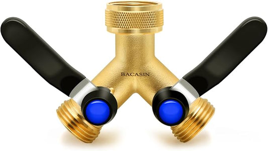 Brass Garden Hose Splitter, Hose y Splitter with Shutoff, Hose Splitter 2 Way Heavy Duty, Brass Y-Valve Water Garden Hose Adapter 2-Way Y-Valve 3/4" GHT Threads