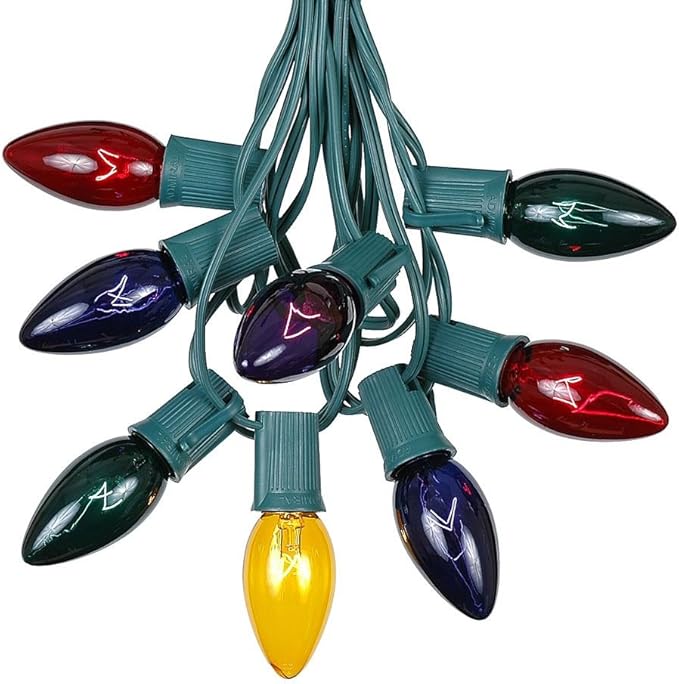 C9 Multi Christmas Lights Set - Indoor/Outdoor Christmas Light String - Christmas Tree Lights - Hanging Christmas Lights - Roofline Light String - Outdoor Patio String Lights - Green Wire - 25 Foot
