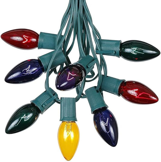 C9 Multi Christmas Lights Set - Indoor/Outdoor Christmas Light String - Christmas Tree Lights - Hanging Christmas Lights - Roofline Light String - Outdoor Patio String Lights - Green Wire - 25 Foot