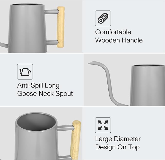 Watering Can Indoor Plants, 35 oz/1000 ml Metal Stainless Steel Watering Can Pot with Long Spout for Indoor House Plants Bonsai Outdoor Garden Flower Decorative (Gray)