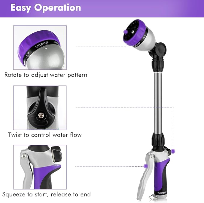 RESTMO Metal Watering Wand, Heavy Duty Garden Hose Wand with 180° Swivel Ratcheting Head, 16'' Hose Nozzle Sprayer with 7 Spray Patterns and Flow Control, for Water Hanging Baskets and Shrubs, Purple