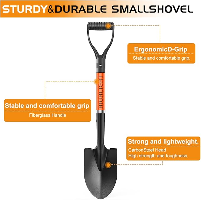 HIGHLIGHT Small Shovels,Gardening Shovel for Digging, Mini Kids Shovel, Length 28 Inches, D Handle, for Metal Beach, Camping, Snow, Fiberglass Handle, Orange