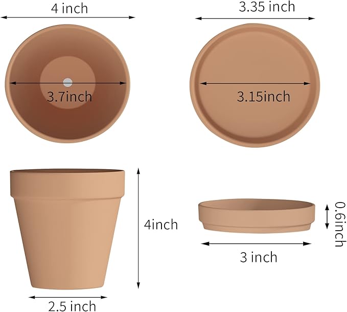 Fcacti 4 Inches Small Terracotta Pots with Saucer, 6 Pack 4" Terra Cotta Planter with Drainage Holes, Small Clay Flower Pots for Plants, Succulents, Crafts, Wedding Favor