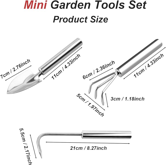 3 Pcs Stainless Steel Mini Garden Tools Set Small Tiny Shovel Trowel Root Extractor Hand Rake Indoor Outdoor Gardening Tools for Pot Plants Succulent Bonsai
