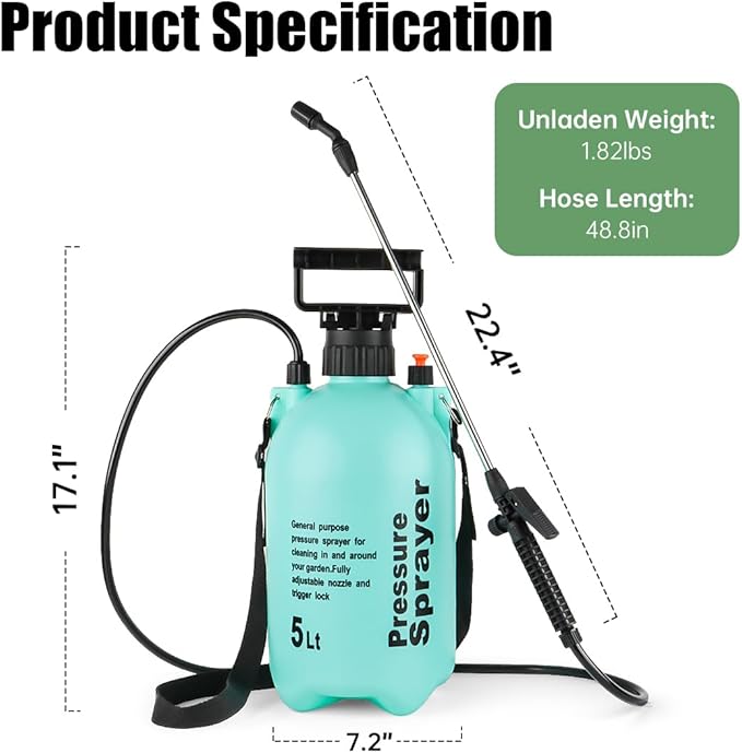 BTPLASTIK 1.32 Gallon Garden Pump Sprayer, 5L Pump Pressure Sprayer Bottle with Adjustable Nozzle, Pressurized Water Spray in Lawn and Garden, Water Sprayer for Plants, Spraying Plants, Weed Sprayer