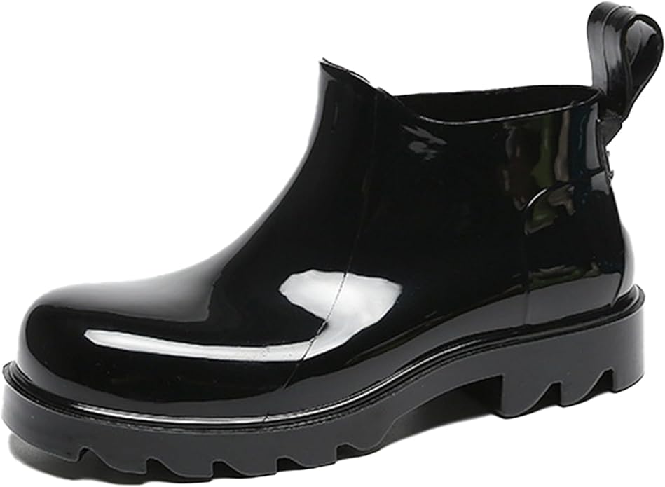 Women's PVC Lug Sole Ankle Rain Boots Comfort Round Toe Waterproof Low Chunky Platform Non-Slip Mid Top Garden Chelsea Short Galoshes for Outdoor Work