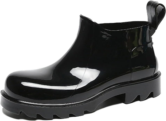 Women's PVC Lug Sole Ankle Rain Boots Comfort Round Toe Waterproof Low Chunky Platform Non-Slip Mid Top Garden Chelsea Short Galoshes for Outdoor Work