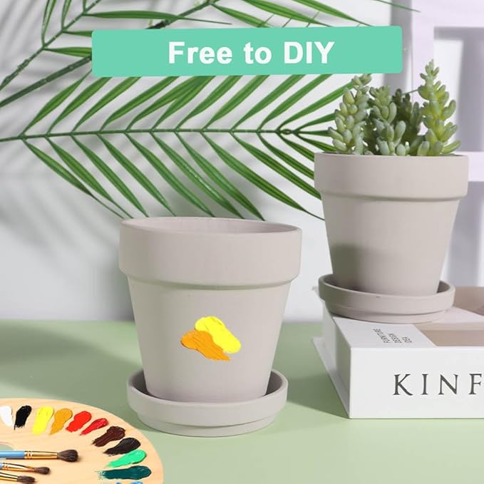 vensovo 4 Inch Small Grey Terracotta Plant Pots with Saucer - 6 Pack Clay Flowerpots with Drainage, Great for Indoor Outdoor Plants, Crafts, Wedding Favor