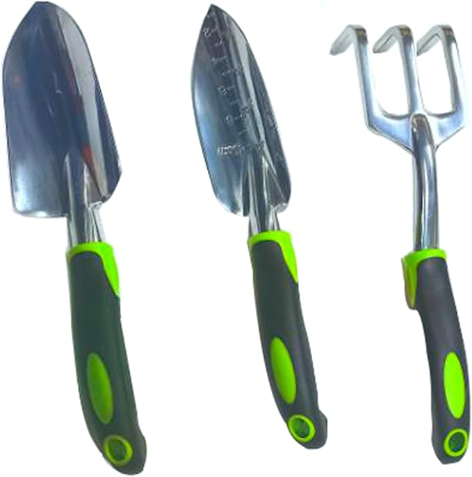 Garden Tool Set 3 Piece Gardening Tool with Rubber Non-Slip Handle, Heavy Duty Trowel Transplant Hand Rake Gardening Kit Lawn Garden Gifts