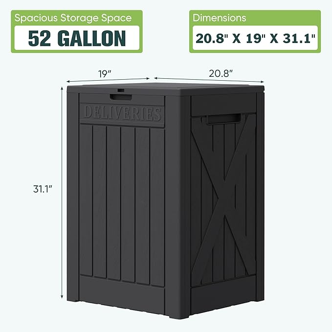 Greesum 52 Gallon Large Outdoor Package Delivery Box for Porch, Lockable Secure Double-Wall Resin Storage Box, Waterproof Deck Box for Package Protection, Black