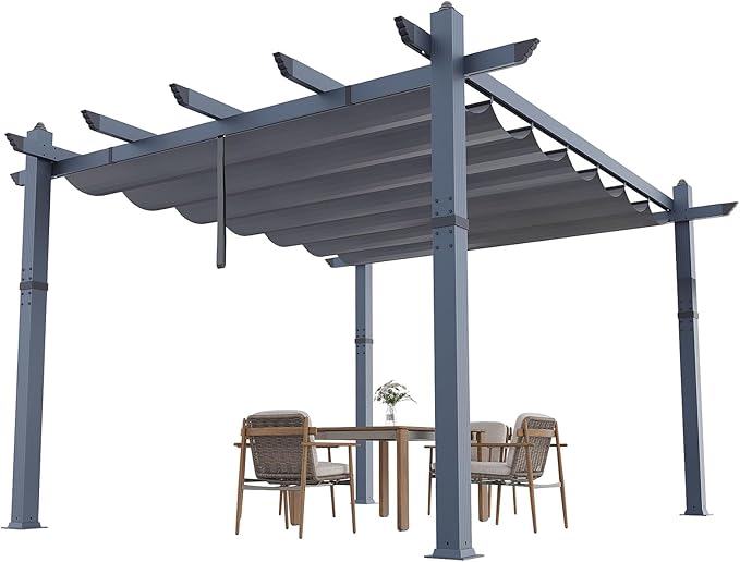 Garvee 10x13 Ft Aluminum Pergola with Retractable Canopy Metal Gazebo for Modern Backyard Deck Porch Grape Trellis(Gray)