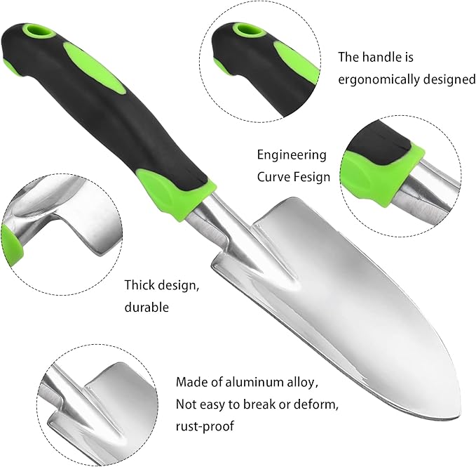 Garden Shovel Hand Trowel Mini Shovel Garden Tools Cast-Aluminum Heavy Duty Gardening Tool Soft Rubberized Non-Slip Handle Potting Tools for Planting, Transplanting, Weeding, Digging Soil (Green)