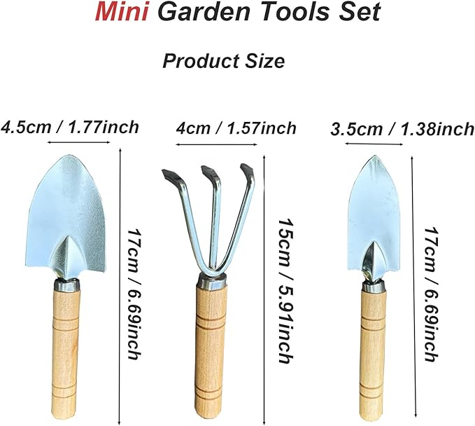 3 Pcs Mini Garden Tools Set Small Tiny Shovel Trowel and Hand Rake with Solid Wood Handle Indoor Gardening Tools for Pot Plants Succulent Bonsai