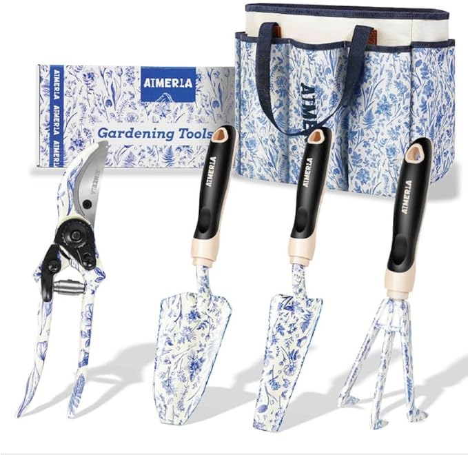 Aimerla Gardening Tool Set of 5 Heavy Duty Aluminum Garden Tools with Non-Slip Rubber Grip, Fashion Garden Bag, Durable Hand Tools for Gardener, Weeding, Gardening Gifts for Women,Men - Floral