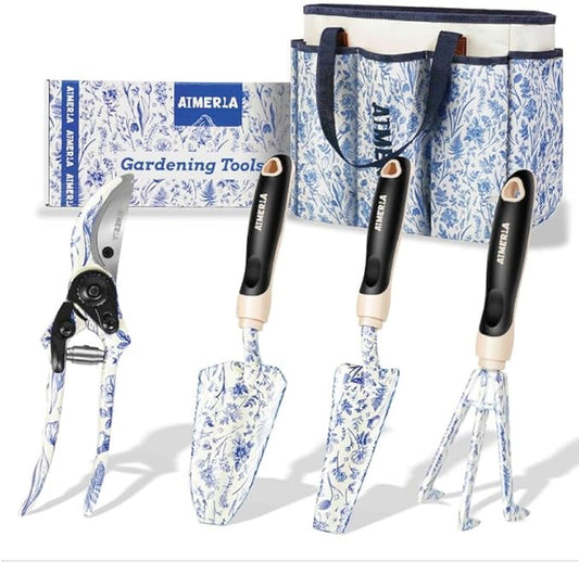 Aimerla Gardening Tool Set of 5 Heavy Duty Aluminum Garden Tools with Non-Slip Rubber Grip, Fashion Garden Bag, Durable Hand Tools for Gardener, Weeding, Gardening Gifts for Women,Men - Floral
