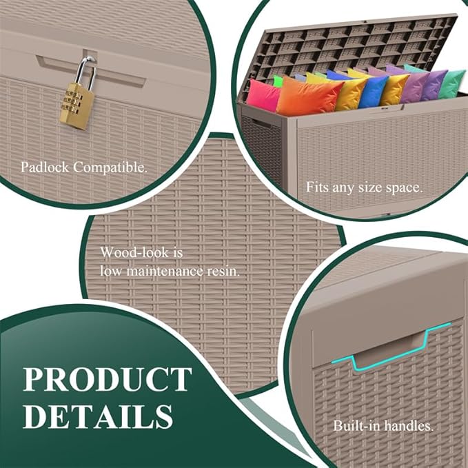 100 Gallon Waterproof Large Resin Deck Box, Lockable Storage Container for Patio Cushions, Garden Tools, Indoor & Outdoor (Brown)