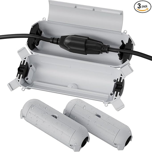 Flemoon [3 Pack] Outdoor Extension Cord Cover Waterproof, Weatherproof Electrical Connection Box for Straight Plug, Outlet, Socket, Halloween, Christmas Holiday Decoration String Light, Light Grey