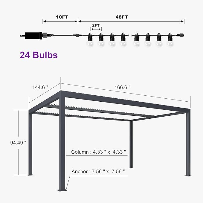 PURPLE LEAF Louvered Pergola 12' x 14' Outdoor Aluminum Pergola with Hidden Drainage System and Adjustable Sun Shade Roof Patio Hardtop Large Pergolas with String Lights for Patio Dining Backyard