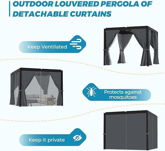 LVUYOYO Outdoor Louvered Pergola 10' x 10', Aluminum Pergola with Adjustable Roof, Waterproof Metal Gazebo with Curtains and Netting for Patio, Backyard, Garden, Deck (Black)