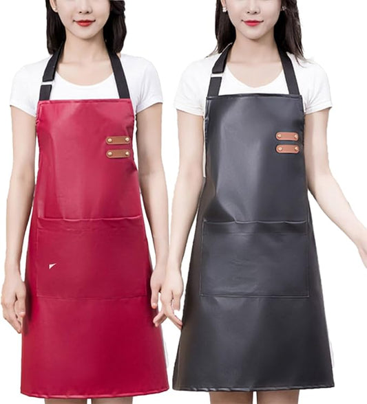 Waterproof Apron Large Pocket PU Material Waterproof Oil-proof Dust-proof Apron Black and Red