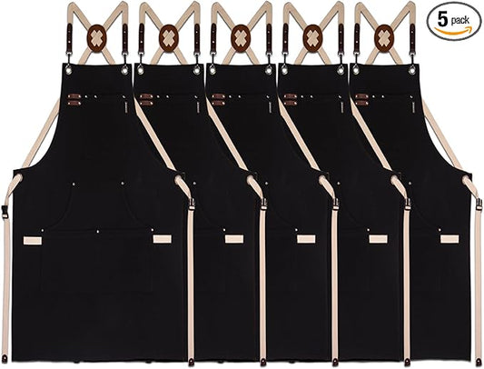 5 Pack Kitchen Apron, Work Apron, Canvas, Multiple Pockets, Gardening, Painting, BBQ, Artist, Carpenter, Sizes M to XXL, Black