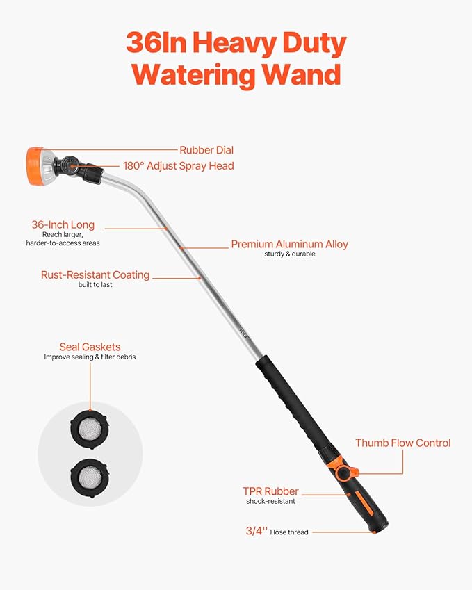 VEVOR Watering Wand, 36-Inch Extra Long Heavy Duty Garden Hose Wand with 8 Spray Patterns & 180° Swivel Head, Long Hose Nozzle Sprayer with on/off Thumb Control, Ideal for Hanging Baskets