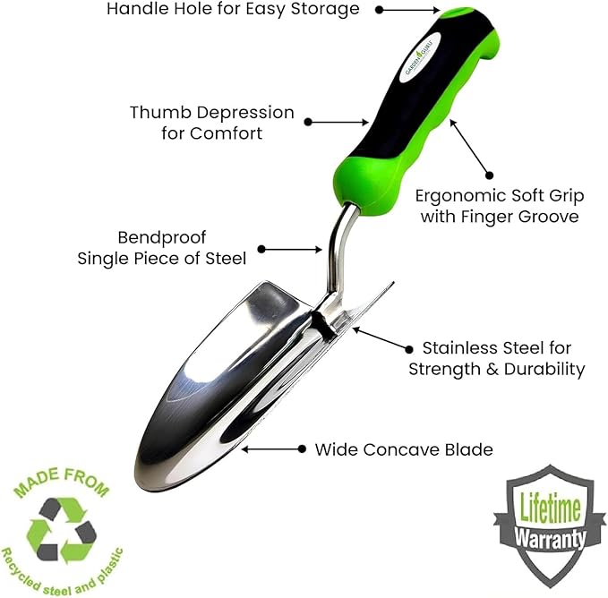 Garden Guru Heavy Duty Garden Trowel Hand Shovel for Gardening - Strong Stainless Steel - Rust Resistant - Ergonomic Grip - Perfect Trowel Garden Tool for Soil Digging Planting Transplanting Weeding