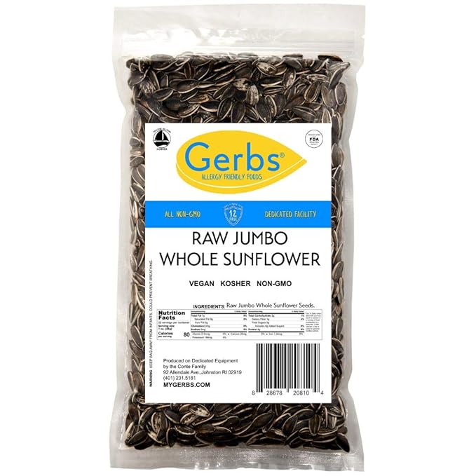 Gerbs Jumbo Raw Whole Sunflower Seeds 2 lbs. | No Additives, Shell-On, Resealable Bag | Crack-and-Eat Crunchy Snack | Top 14 Allergen-Free