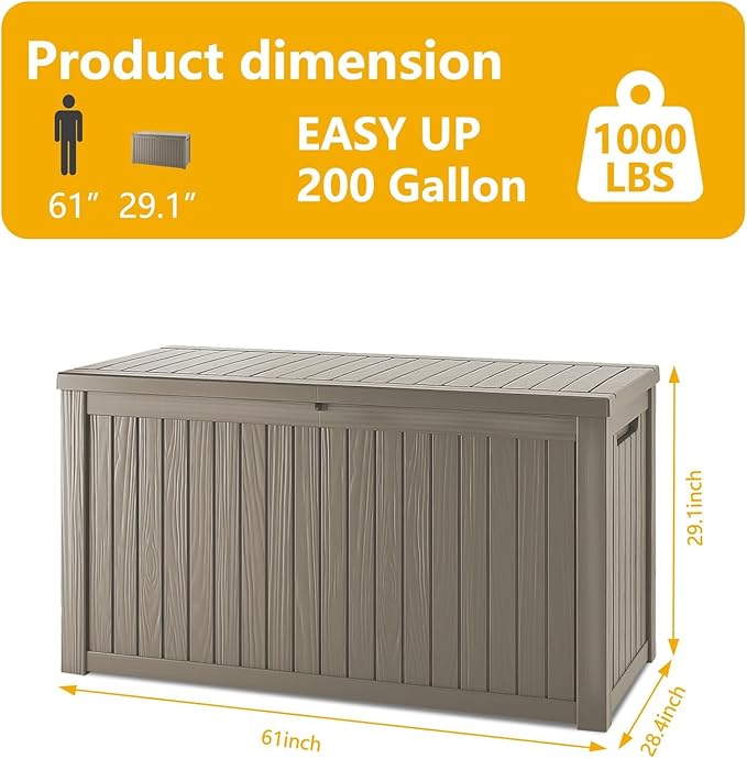 200 Gallon Deck Box, Resin Outdoor Indoor Waterproof Storage Box, Lockable Storage Box With Handle for Patio Furniture - Garden Tools - Swimming Pool Tools UV-Resistant, Brown