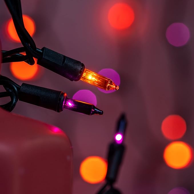 YULETIME 200 Orange & Purple Christmas Lights, Pack of 2 Strands of 21 ft 100 Count UL Certified Incandescent Mini String Light (Orange & Purple - Black Wire)