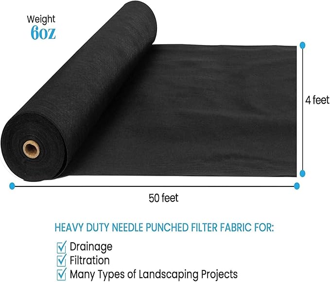 Towallmark Geotextile Landscape, 4ft x 50ft & 6oz Geotextile Fabric, PP Drainage 350N Tensile Strength & 440N Load Capacity, for Driveway & Road Stabilizationr, Erosion Control, French Drains