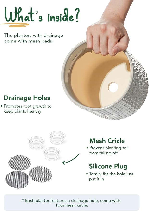 LE TAUCI Ceramic Plant Pots Indoor, 10+8+6 Inch Planters for Indoor Plants, Raised Dots Flower Pots with Drainage Hole and Plug, Cylinder Round Planters, Set of 3, Glaze Star Gray