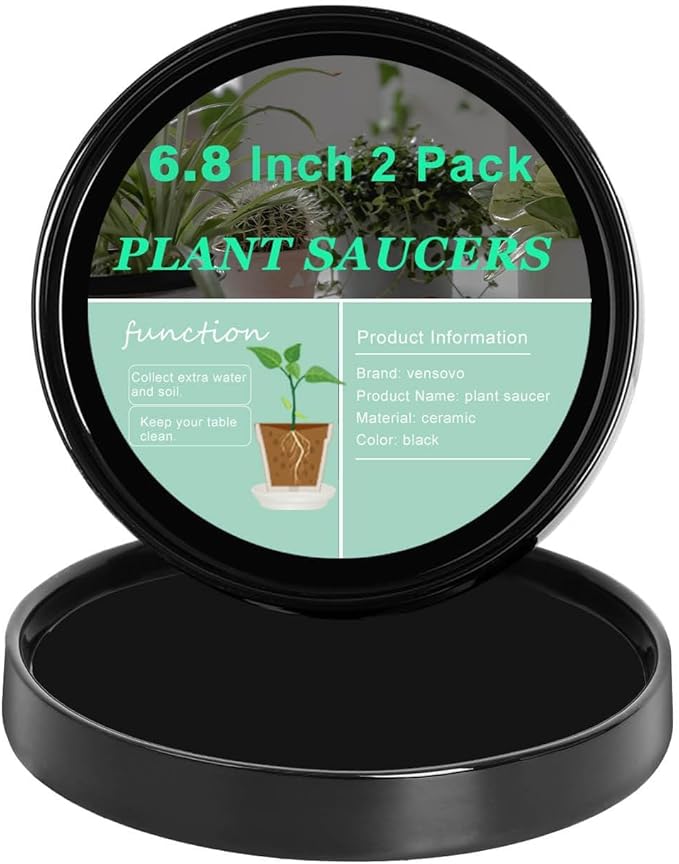 vensovo 7 Inch Black Ceramic Plant Saucer Pots Tray -2 Pcs Round Planter Saucers for Indoor & Outdoor Plants, Large Trays Perfect for 5 Inch 6Inch Flower Pot