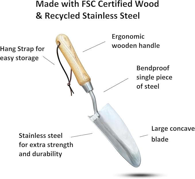 GARDEN GURU Eco Super Strong Garden Trowel with Ergonomic Wood Handle - 100% Recycled Stainless Steel - Rust Resistant - FSC Certified Wood - Perfect Tool for Gardening Weeding Transplanting & Digging