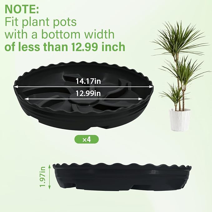 4 Pack 14 Inch Plant Trays for Pots, Raised Ridge Plant Saucers,6 8 10 12 Inch Durable Plastic Plant Pot Saucer,Black Round Plant Water Catcher Tray for Indoors and Outdoors (Black, 14‘’4pack)