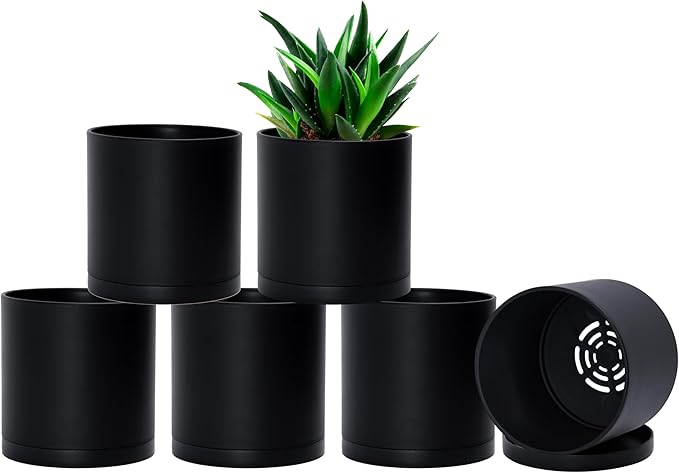 D'vine Dev 6 Pack 5 Inch Modern Plastic Plant Pots, Small Garden Planters for Plant with Drainage Holes and Saucers, Black Color, 74-Y-G-3