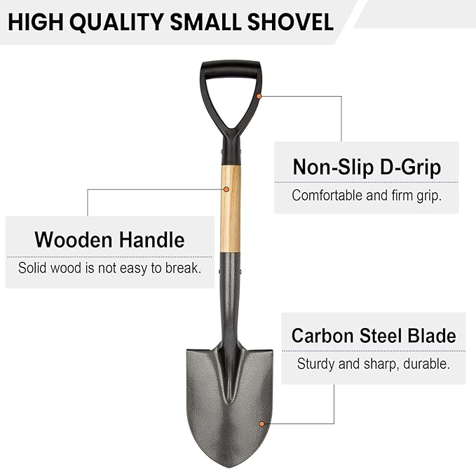 VNIMTI Shovel for Digging, Round Small Shovel with Wooden D-Handle, Metal Garden Shovel for Gardening, 28 Inches