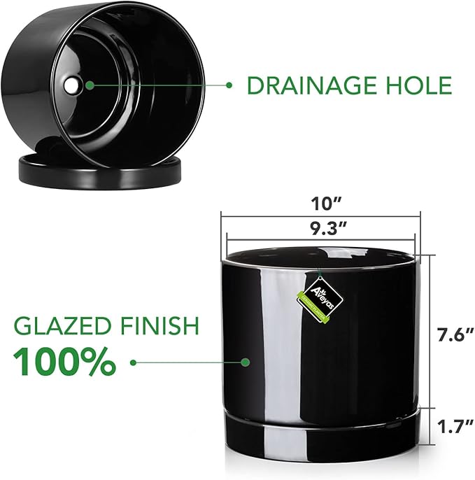 Aveyas 10 inch Ceramic Plant Pot with Drainage Hole and Saucer - Suitable for Indoor and Outdoor Use, Modern Planters for House Garden Flower Tree Snake Monstera Plants (10", Glossy Black)