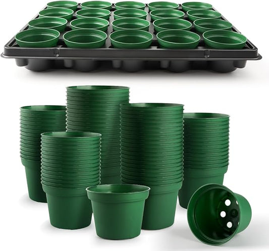 3 Inch Nursery Pots 100 Pcs with 5 Pcs 20 Cell Nursery Pot Trays, 5 Sets Seed Starting Kit for Seedlings, Propagation and Home Gardening, Sturdy Green Seeds Starter Pot Tray Germination Set