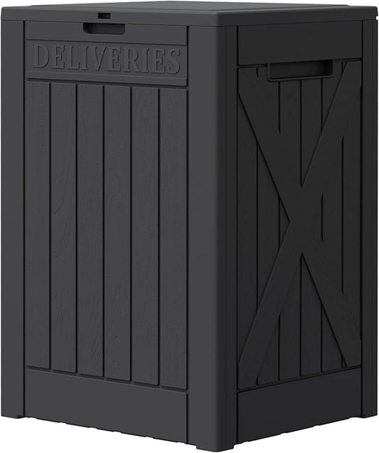 Greesum 52 Gallon Large Outdoor Package Delivery Box for Porch, Lockable Secure Double-Wall Resin Storage Box, Waterproof Deck Box for Package Protection, Black