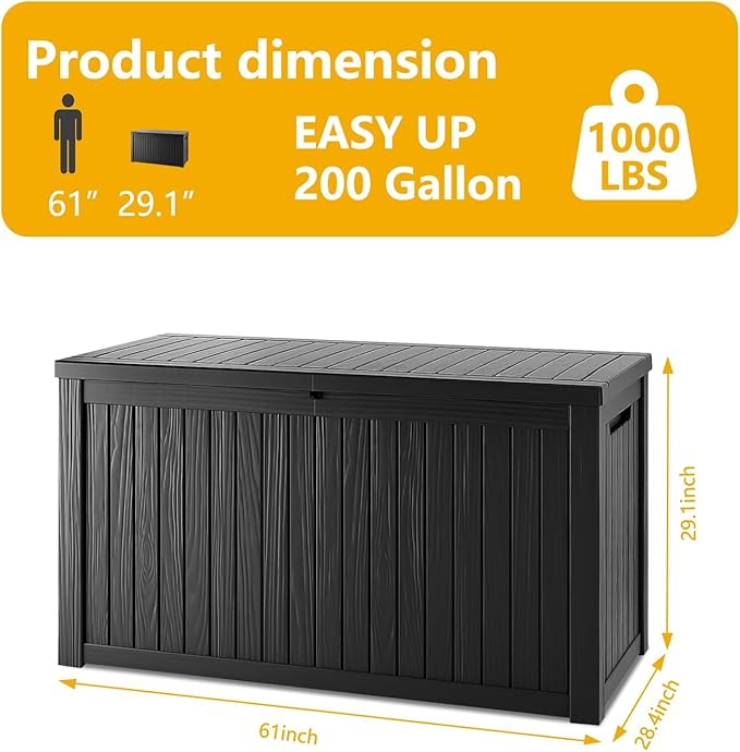 200 Gallon Deck Box, Resin Outdoor Indoor Waterproof Storage Box, Lockable Storage Box With Handle for Patio Furniture - Garden Tools - Swimming Pool Tools UV-Resistant - Black