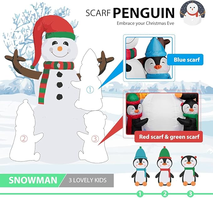 VIVOHOME 6FT Christmas Inflatable Outdoor Decoration, Snowman with Penguin, Navidad Blow Up Yard Decor with Built-in LED Light for Lawn, Garden, Party