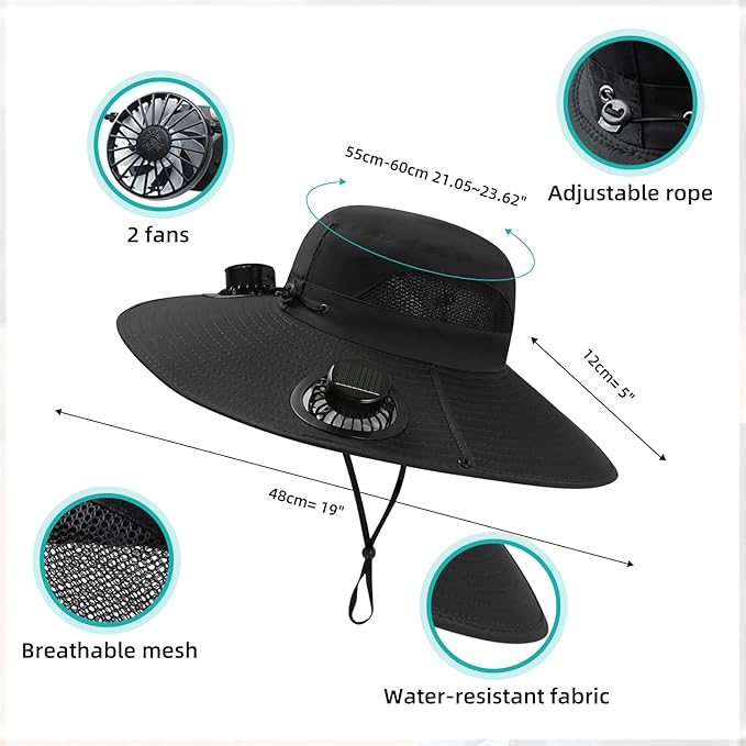 Wide Brim Solar/USB Rechargeable Fan Hat Adjustable Cooling Sun Hat for Men&Women, Outdoor Fishing Gardening Hats&Sunglasses