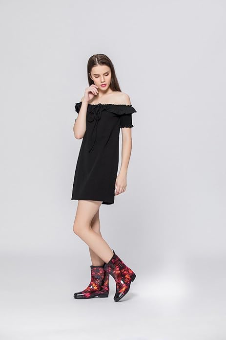 Women Half Calf Rubber Rainboots Leopard gerbera Red Floral Printed Waterproof Rubber Garden rain footwear