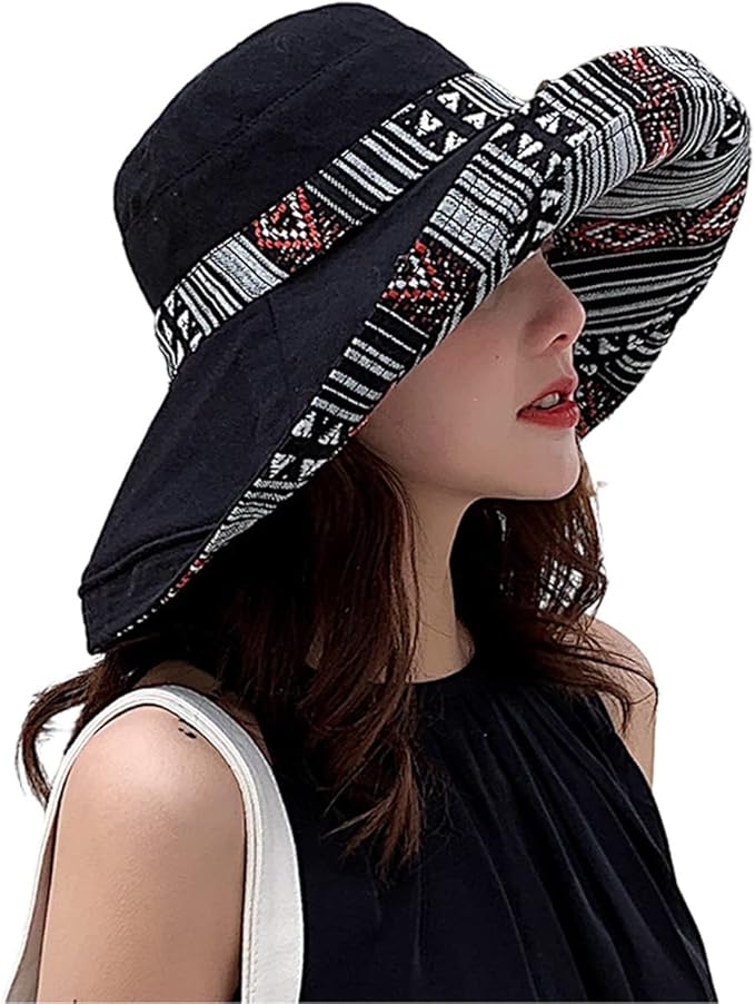 Women Wide Brim Sun Hats Metal Wired Edge Summer UV Protection Beach Fishing Hat for Hiking Garden Travel Chin Strap